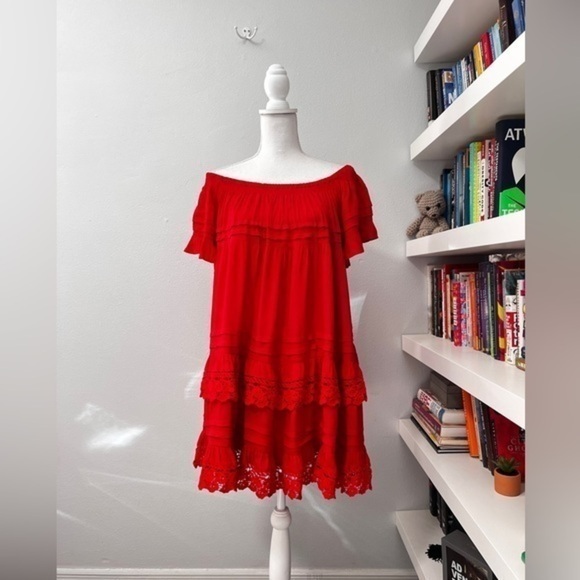 Muche Muchette Red Off The Shoulder tiers swing Dress one size - Picture 1 of 13